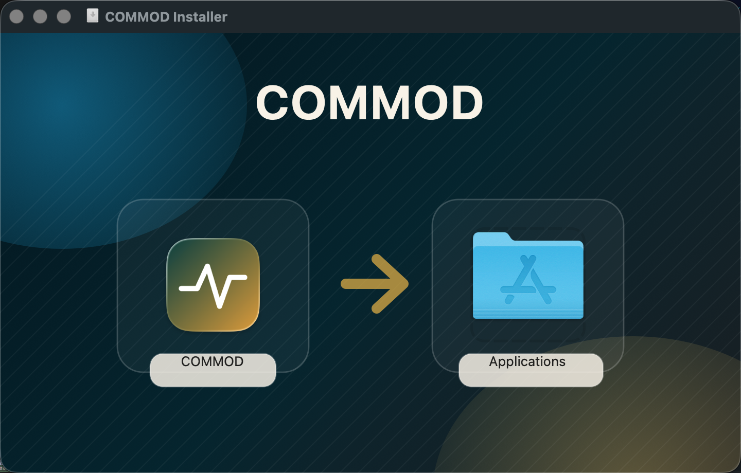 COMMOD DMG installer window with COMMOD and Applications icons