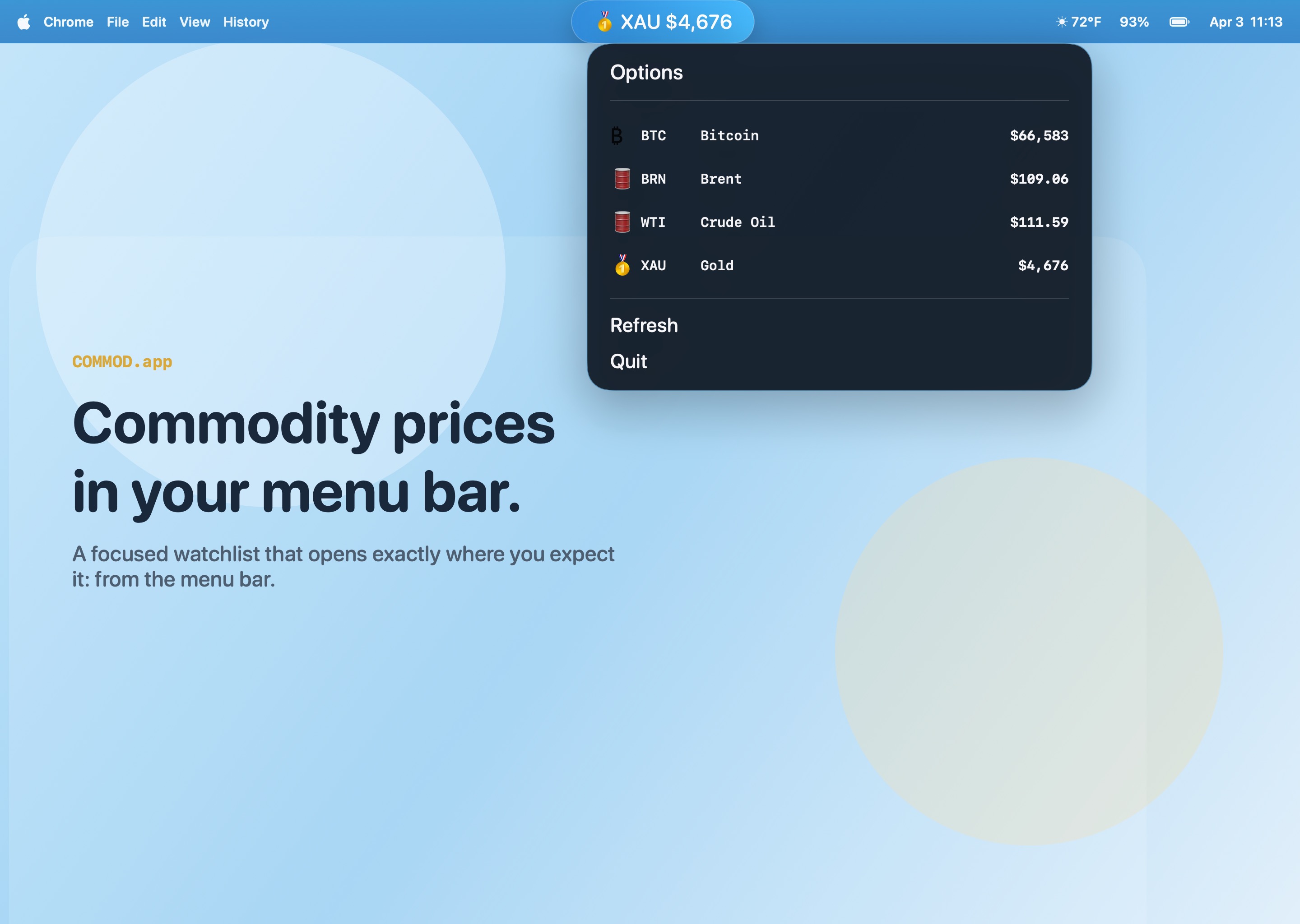 COMMOD.app menu bar dropdown showing commodity prices