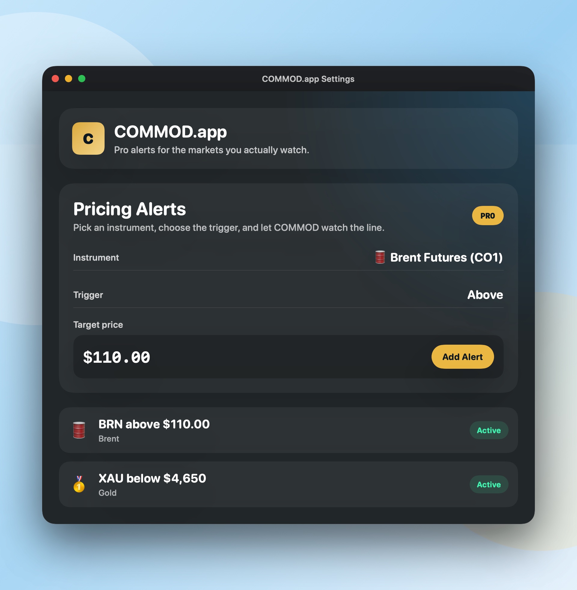 COMMOD.app pricing alerts setup with active Brent and Gold alerts